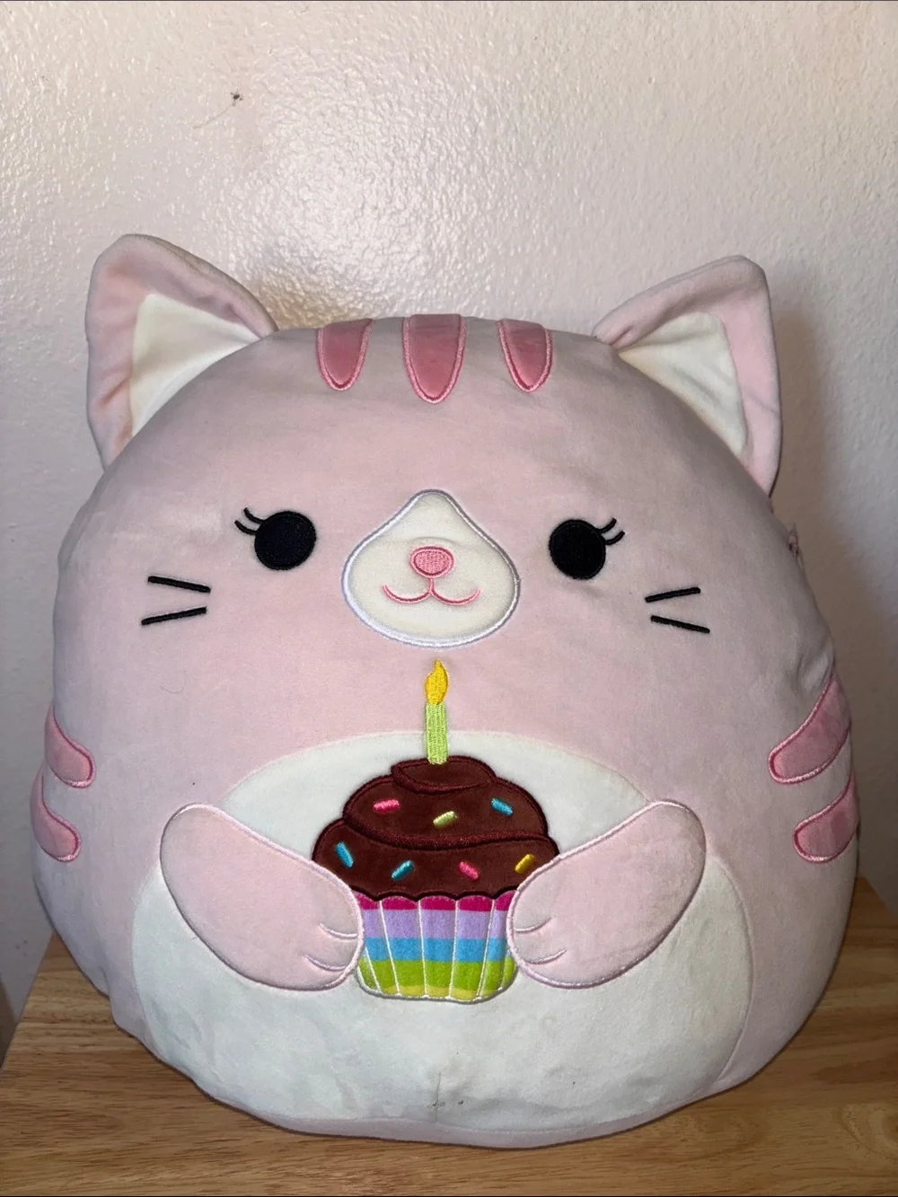 Squishmallows Pink Cat Plush Pillow with Cupcake Accent